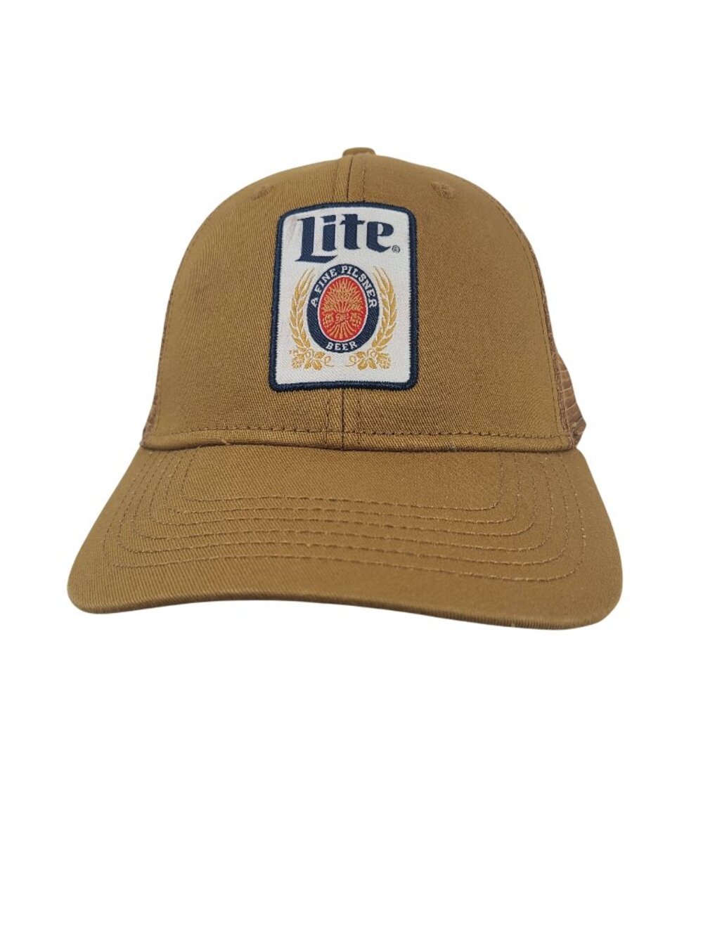 Miller Lite Tan Mesh Trucker Hat With Adjustable Snapback Embroidered Logo Patch